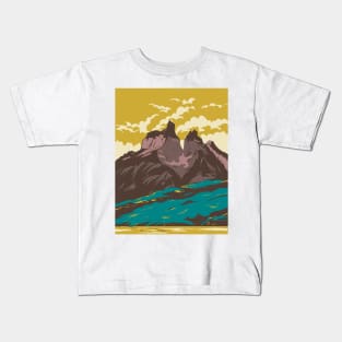 Torres Del Paine National Park from Lake Pehoe in Chile WPA Art Deco Poster Kids T-Shirt